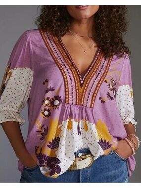 Bl^nk London Anthropologie Stephanie Blouse Boho Embroidered Floral Size XS